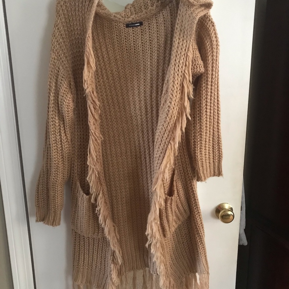 Brown fringe hooded cable knit sweater